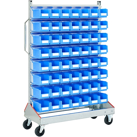 Blue shelf with numerous drawers. On wheels, with handle.