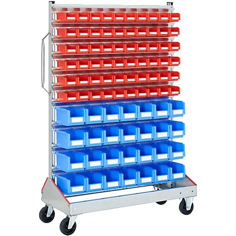 Metal storage cart on wheels, with red and blue storage bins.