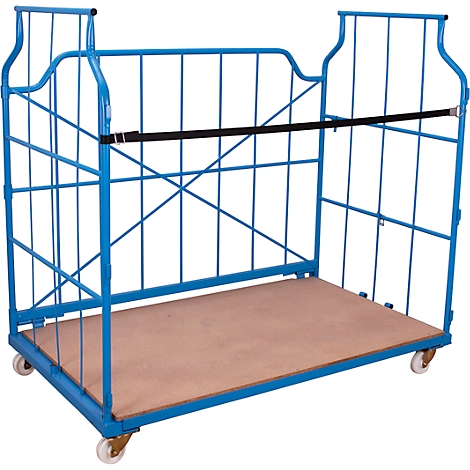 Blue transport trolley with wooden floor and wheels.