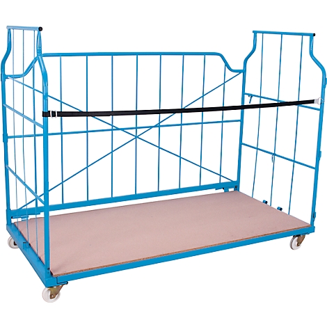 Blue painted transport cart with wheels and grid walls. A black bar stabilizes the construction.