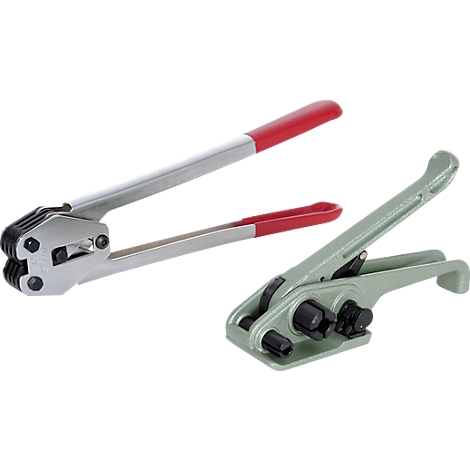 Two different strapping tools: one with red handles, the other green.