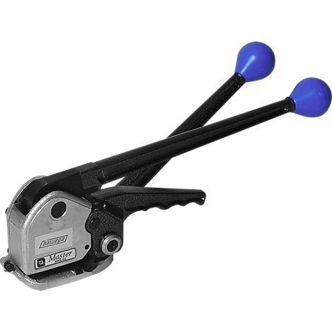 A metal strapping machine with black levers and blue handles.