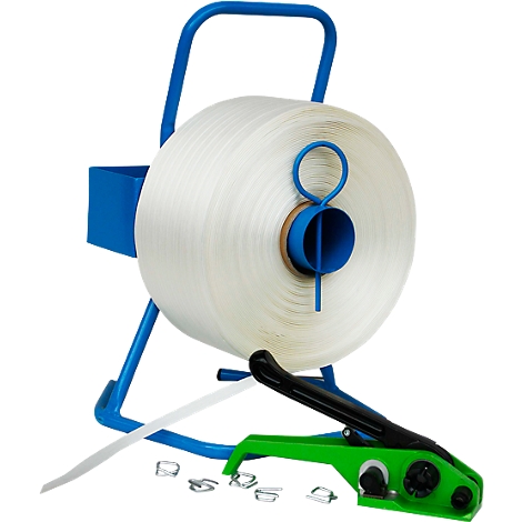White plastic strap on blue holder, next to a green and black ratchet and metal clips.