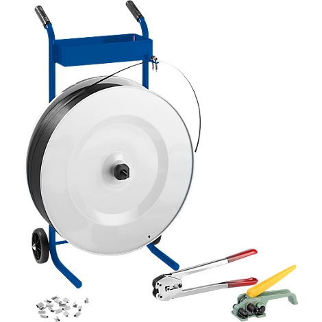 A blue strapping roll stand with band, pliers and fasteners.