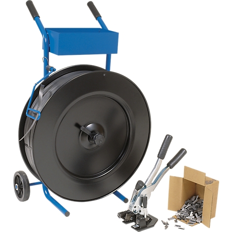 Tool cart with strapping, tensioner and clamps on white background.