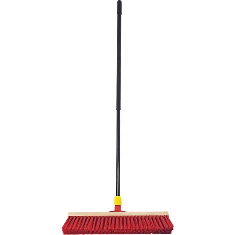 Broom with red brush and black handle.