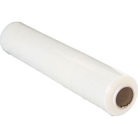 A roll of transparent plastic wrap, angled. Inside, a cardboard core.