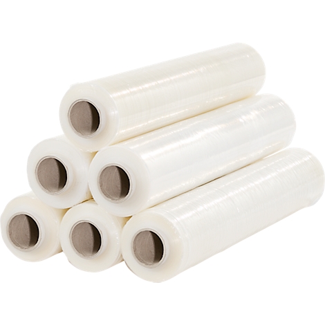 Several rolls of cling film lie on top of each other.