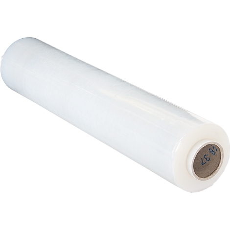 Roll of transparent film. There is text on the core.