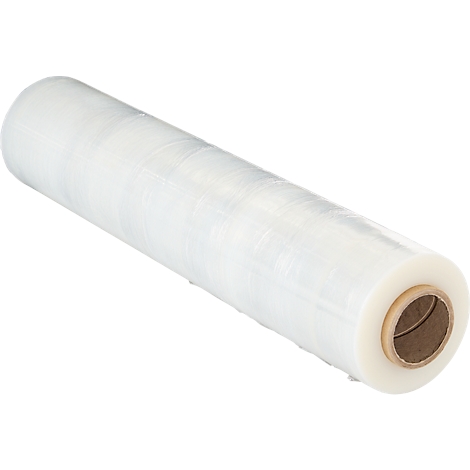 A roll of transparent stretch film. The cardboard core is visible.