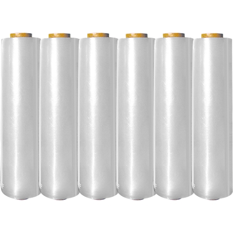 Six rolls of cling film. Yellow on top, transparent elsewhere.