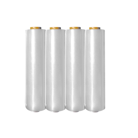 Four transparent rolls of stretch film on a white background.