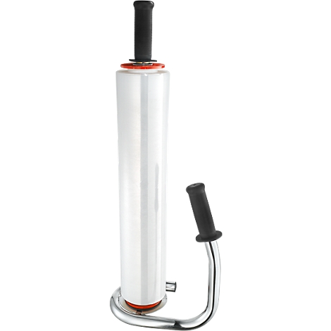 Verpackungsroller mit schwarzem Griff, Plastikfolie und Metallrahmen.
