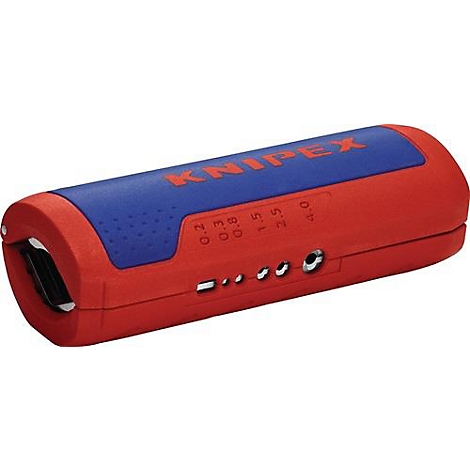 Rood-blauw kabelstripgereedschap met de KNIPEX-letters.