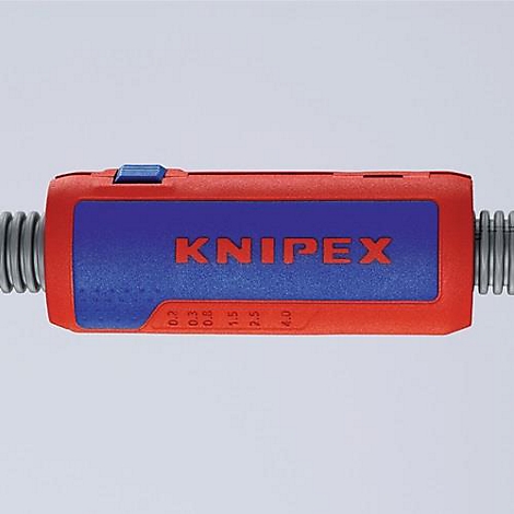 Een rood en blauw KNIPEX gereedschap dat twee grijze kabels verbindt. De tool heeft een blauwe knop.