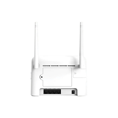Rückseite eines weißen WLAN-Routers mit zwei Antennen, vier LAN-Anschlüssen und einem Stromanschluss.