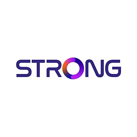 Das Wort STRONG in dunkellila Schrift, bei dem das O als farbiger Farbverlaufskreis dargestellt ist.