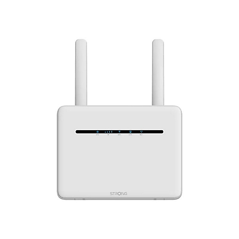 Weißer Strong WLAN-Router mit zwei Antennen und leuchtenden Status-LEDs auf der Vorderseite.