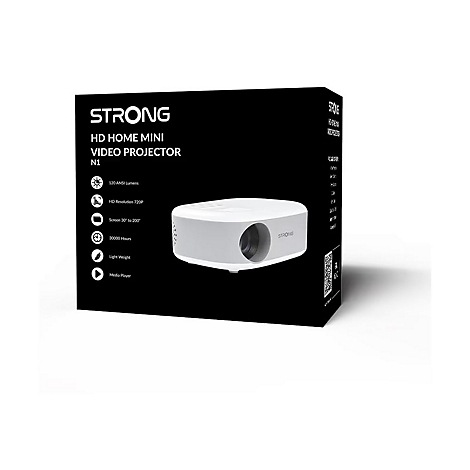 Ein weißer, kompakter Strong Mini-Projektor steht vor seiner schwarzen Verpackung mit technischen Daten.