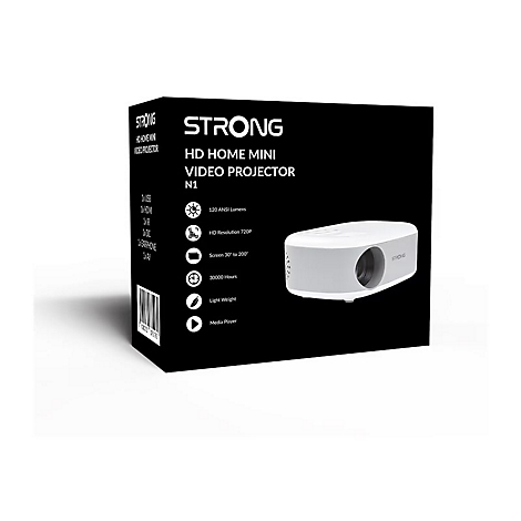 Produktverpackung für den Strong HD Home Mini Video Projektor N1 mit weißem Gerät auf schwarzem Karton.