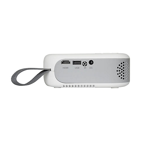 Rückseite eines weißen Miniprojektors mit HDMI-, USB-, IR- und DC-Anschlüssen sowie einer grauen Trageschlaufe.