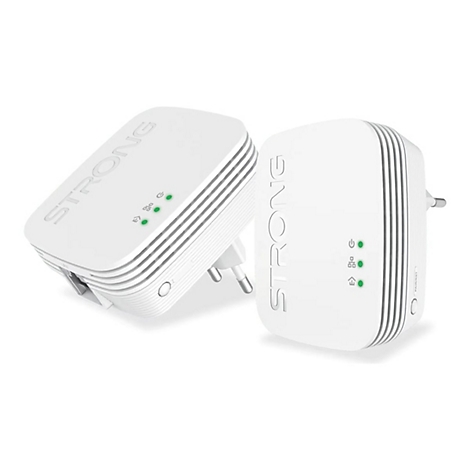 Zwei weiße Powerline-Adapter mit der Aufschrift 'STRONG'. Auf den Geräten leuchten grüne LEDs.