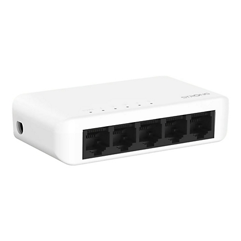 Weißer 5-Port-Netzwerk-Switch von Strong mit schwarzer Anschlussleiste vor weißem Hintergrund.