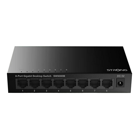 Schwarzer 8-Port Gigabit Desktop Switch von Strong vor weißem Hintergrund.