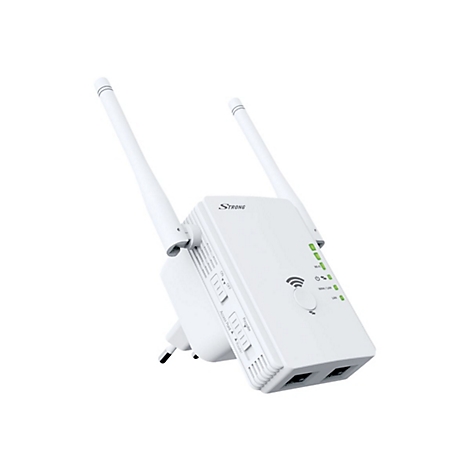 Weißer Strong WLAN-Repeater mit zwei Antennen, Status-LEDs und zwei LAN-Anschlüssen vor neutralem Hintergrund.