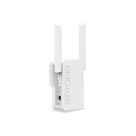 Weißer Strong WLAN-Repeater mit zwei Antennen und seitlichem LAN-Anschluss vor weißem Hintergrund.