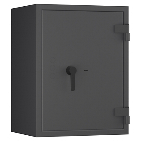 Dark grey safe with handle and round buttons. The logo can be seen on the door.