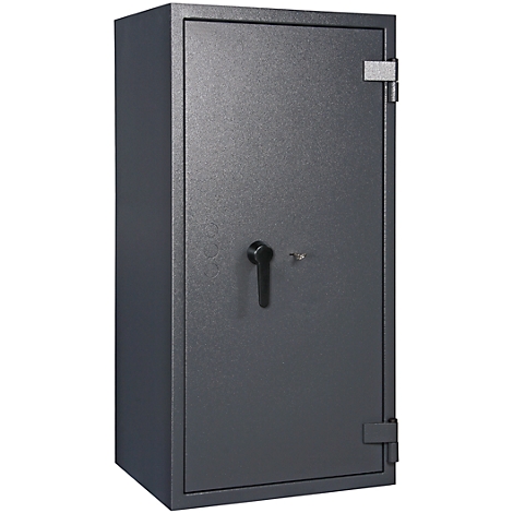 Grey safe against a neutral background. Visible: door, handle, hinges.