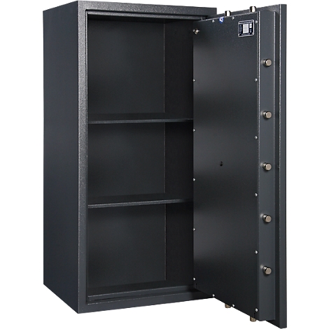 An open, grey safe with two shelves. The door is open, showing the inside of the safe.