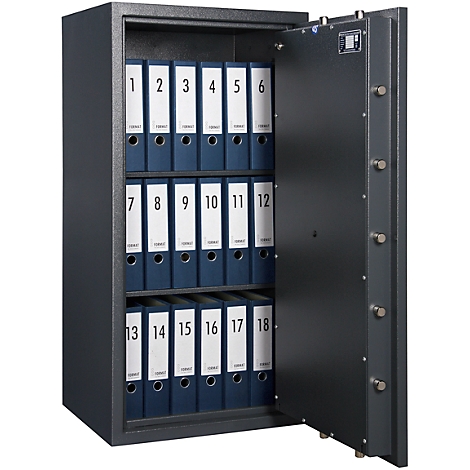 Open safe with file folders. Gray doors, blue folders with white labels and black numbers from 1 to 18.