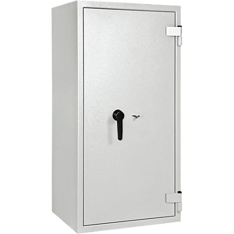A grey safe with black handle and key. Hinges and edges are visible.