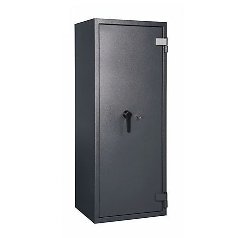 A dark safe against a white background. It has a handle, keyhole and hinges.