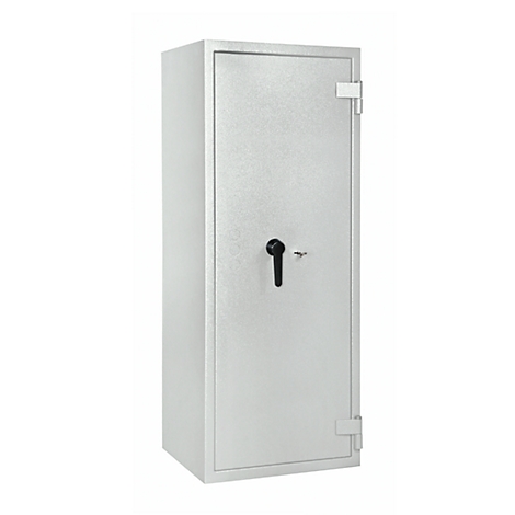 A tall, gray safe with a black handle and key, against a white background. Details of the door and hinges.