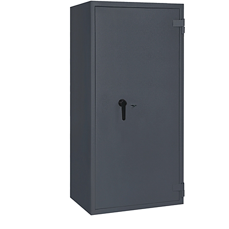 Dark gray safe against a white background. The safe has a black handle and a rectangular shape.