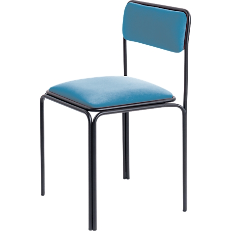 Stuhl mit blauem Sitz und Rückenlehne, schwarzes Gestell.