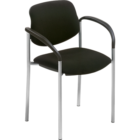 Black office chair with armrests, silver legs, on a white background.