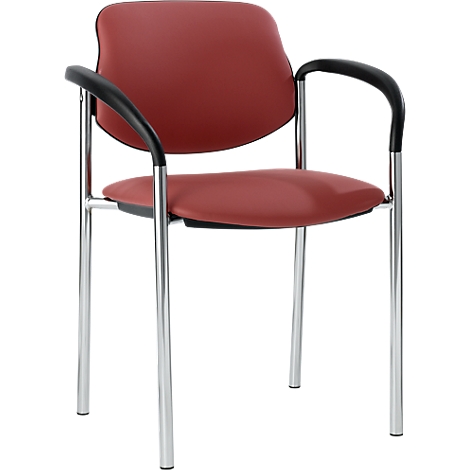 A red chair with a black frame and armrests. The legs are silver.