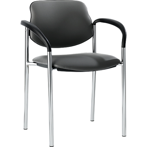Black chair with armrests and silver legs. Seat and backrest are made of smooth material.