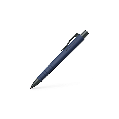 Stylo à bille bleu Faber-Castell, clip et pointe noirs. Sur fond blanc.