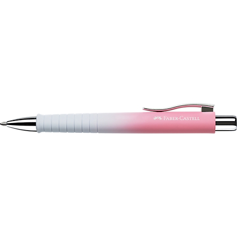 Un stylo à bille avec un dégradé blanc-rose. Le stylo a un clip argenté et l'inscription Faber-Castell.
