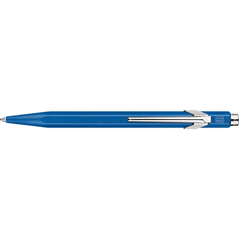 Stylo à bille bleu avec clip argenté, brillant à la lumière.