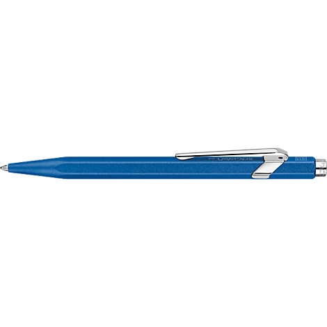 Stylo à bille bleu avec clip argenté.