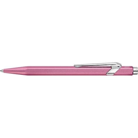 Stylo à bille rose avec un clip argenté.