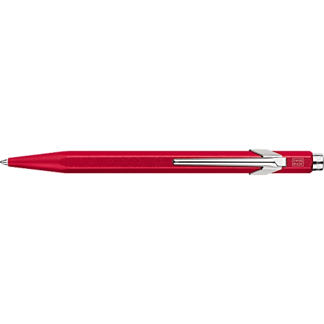 Stylo à bille rouge avec des détails argentés. Le stylo montre la pointe, la tige et le clip.