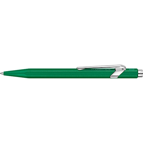 Stylo à bille vert avec un clip argenté. Le stylo a une forme élégante.