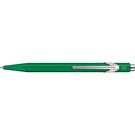 Stylo à bille vert avec clip et pointe argentés.